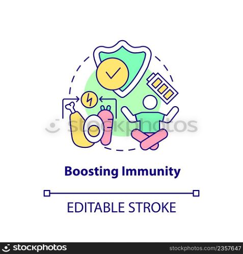 Boosting immunity concept icon. Strengthen immune system. Healthy diet advantages abstract idea thin line illustration. Isolated outline drawing. Editable stroke. Arial, Myriad Pro-Bold fonts used. Boosting immunity concept icon