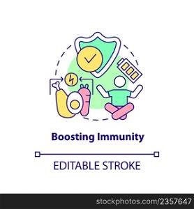Boosting immunity concept icon. Strengthen immune system. Healthy diet advantages abstract idea thin line illustration. Isolated outline drawing. Editable stroke. Arial, Myriad Pro-Bold fonts used. Boosting immunity concept icon