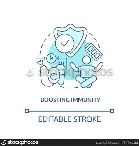 Boosting immunity turquoise concept icon. Immune system. Healthy diet advantages abstract idea thin line illustration. Isolated outline drawing. Editable stroke. Arial, Myriad Pro-Bold fonts used. Boosting immunity turquoise concept icon