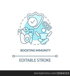 Boosting immunity turquoise concept icon. Immune system. Healthy diet advantages abstract idea thin line illustration. Isolated outline drawing. Editable stroke. Arial, Myriad Pro-Bold fonts used. Boosting immunity turquoise concept icon