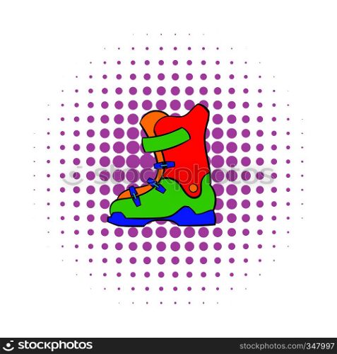 Boot for snowboarding icon in comics style on dotted background. Winter and sport symbol. Boot for snowboarding icon, comics style
