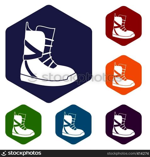 Boot for snowboarding icons set rhombus in different colors isolated on white background. Boot for snowboarding icons set