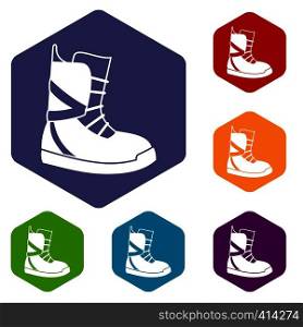 Boot for snowboarding icons set rhombus in different colors isolated on white background. Boot for snowboarding icons set