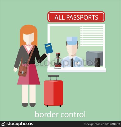 Border control concept in flat design. Woman gives a passport to check customs officers. Border control concept