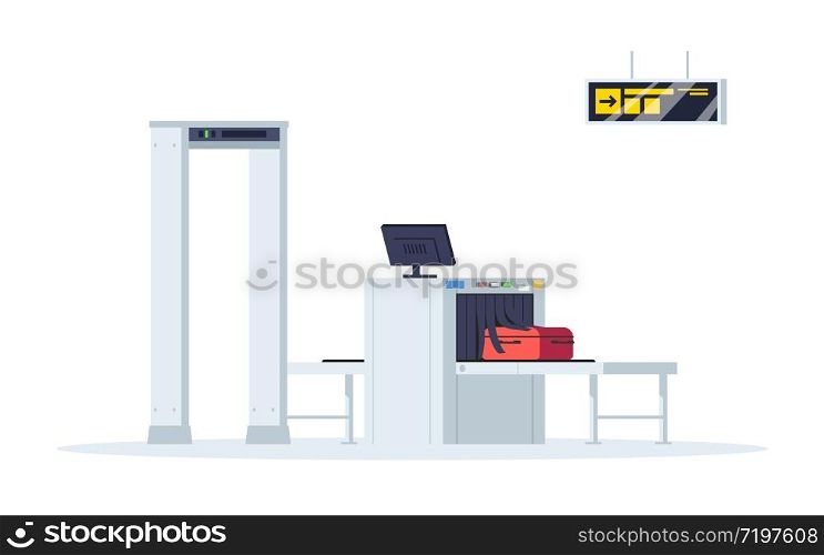 Border control semi flat RGB color vector illustration. Security check gates in airport terminal. Smuggle control. Luggage conveyor belt isolated cartoon object on white background