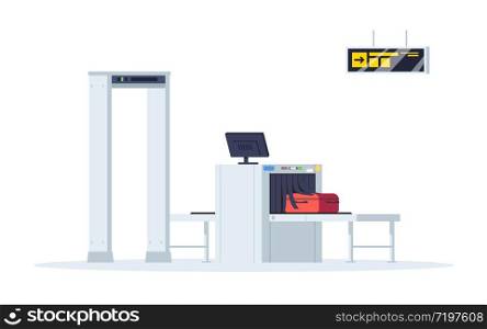 Border control semi flat RGB color vector illustration. Security check gates in airport terminal. Smuggle control. Luggage conveyor belt isolated cartoon object on white background