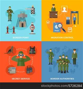 Border guard flat icons set isolated with migration control point secret service authorities isolated vector illustration