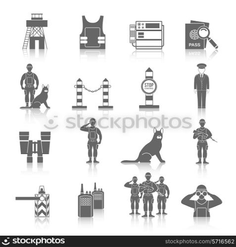 Border guard icon black set with frontier inspection security check isolated vector illustration
