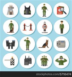 Border Guard icon sticker flat set with soldiers in military uniform camouflage isolated vector illustration