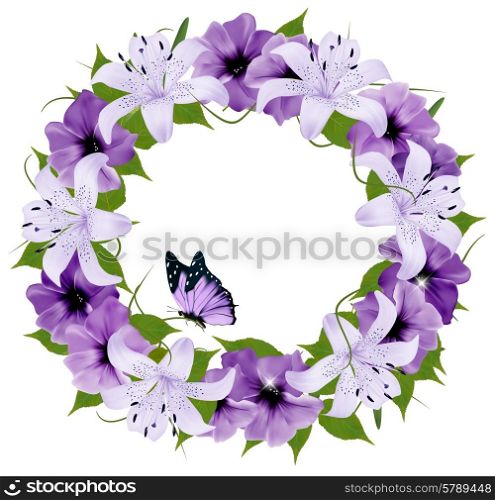 Border Of Colorful Flowers and Butterfly. Vector illustration