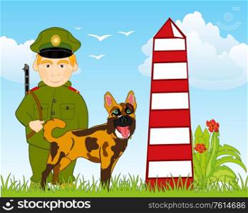 Border pole and soldier protecting border with dog. Soldier frontiersmen on post with official dog