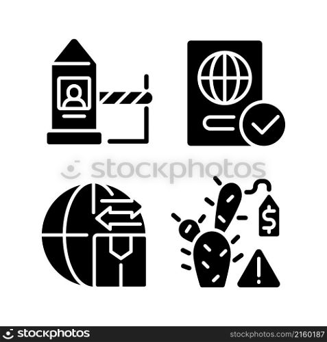 Borders control measures black glyph icons set on white space. Contraband prevention. Checkpoint examination. Illegal trade prohibition. Silhouette symbols. Vector isolated illustration. Borders control measures black glyph icons set on white space