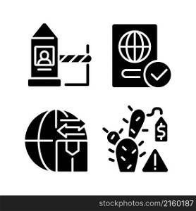 Borders control measures black glyph icons set on white space. Contraband prevention. Checkpoint examination. Illegal trade prohibition. Silhouette symbols. Vector isolated illustration. Borders control measures black glyph icons set on white space