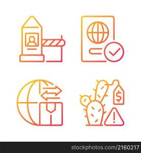 Borders control measures gradient linear vector icons set. Contraband prevention. Illegal trade prohibition. Thin line contour symbols bundle. Isolated outline illustrations collection. Borders control measures gradient linear vector icons set