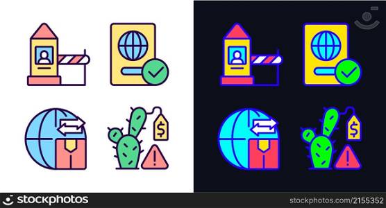 Borders control measures light and dark theme RGB color icons set. Contraband. Illegal trade prohibition. Simple filled line drawings pack on white and black space. Editable stroke. Pixel perfect. Borders control measures light and dark theme RGB color icons set
