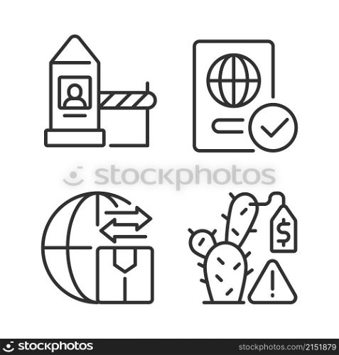 Borders control measures linear icons set. Contraband prevention. Illegal trade. Customizable thin line contour symbols. Isolated vector outline illustrations. Editable stroke. Pixel perfect. Borders control measures linear icons set