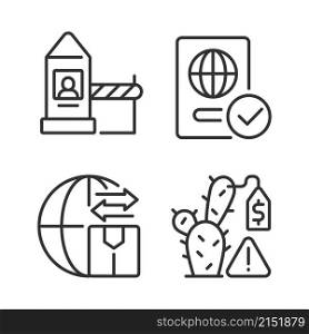 Borders control measures linear icons set. Contraband prevention. Illegal trade. Customizable thin line contour symbols. Isolated vector outline illustrations. Editable stroke. Pixel perfect. Borders control measures linear icons set