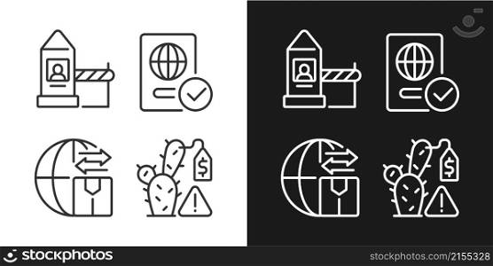 Borders control measures linear icons set for dark and light mode. Contraband prohibition. Customizable thin line symbols. Isolated vector outline illustrations. Editable stroke. Pixel perfect. Borders control measures linear icons set for dark and light mode