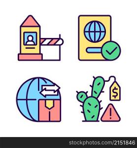 Borders control measures RGB color icons set. Contraband prevention. Illegal trade prohibition. Isolated vector illustrations. Simple filled line drawings collection. Editable stroke. Pixel perfect. Borders control measures RGB color icons set