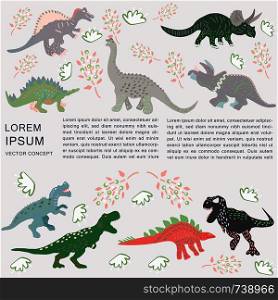 Borders with colourful dinosaurs and text. Clip art with copyspace. Greeting card, poster design element. . Borders with colourful dinosaurs and text