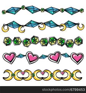 Borders with moon hearts and diamonds. Hand drawn abstract borders with moon hearts and diamonds. Vector illustration