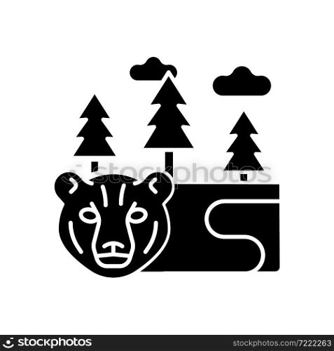Boreal forest black glyph icon. Taiga. Forest with evergreen trees. Pine and spruce growing terrestrial biome. Cold subarctic region. Silhouette symbol on white space. Vector isolated illustration. Boreal forest black glyph icon