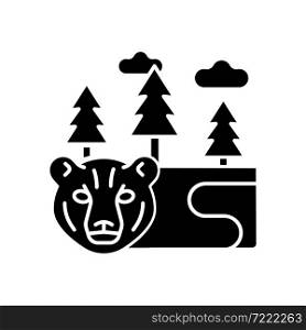 Boreal forest black glyph icon. Taiga. Forest with evergreen trees. Pine and spruce growing terrestrial biome. Cold subarctic region. Silhouette symbol on white space. Vector isolated illustration. Boreal forest black glyph icon