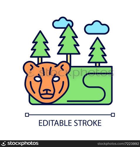 Boreal forest RGB color icon. Taiga. Forest with evergreen trees. Pine and spruce growing terrestrial biome. Cold region. Isolated vector illustration. Simple filled line drawing. Editable stroke. Boreal forest RGB color icon
