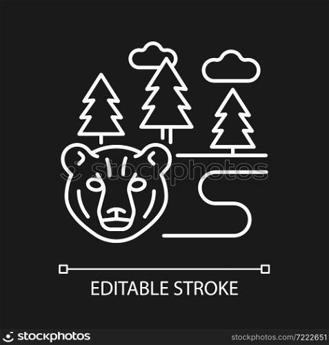 Boreal forest white linear icon for dark theme. Taiga. Evergreen forest. Pine and spruce woodland. Thin line customizable illustration. Isolated vector contour symbol for night mode. Editable stroke. Boreal forest white linear icon for dark theme