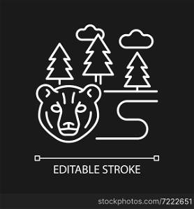 Boreal forest white linear icon for dark theme. Taiga. Evergreen forest. Pine and spruce woodland. Thin line customizable illustration. Isolated vector contour symbol for night mode. Editable stroke. Boreal forest white linear icon for dark theme
