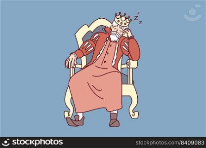 Bored king with crown on head fall asleep in chair. Tired monarch sleeping in armchair. Exhaustion and fatigue. Vector illustration.. Bored king asleep in chair