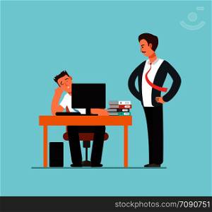 Bored lazy worker at desk behind computer and angry boss in office vector illustration. Lazy character in office, worker at computer and boss. Bored lazy worker at desk behind computer and angry boss in office vector illustration