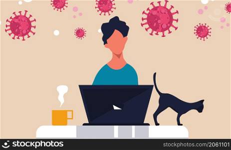 Bored man work from home health business office. Mental care character with laptop. Procrastination coronavirus people employee. Vector illustration social outbreak epidemic online freelance concept