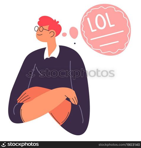 Bored or upset teenager, isolated male character with dull expression on face. Teenage boy with lol sticker in conversation bulb. Communication and emotions of personage. Vector in flat style. Lol expression of male character, bored teenager