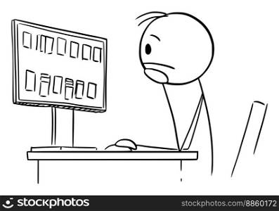 Bored person playing solitaire card game on computer, vector cartoon stick figure or character illustration.. Person Playing Card Game on Computer, Vector Cartoon Stick Figure Illustration