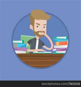 Bored student studying with textbooks. Caucasians student studying hard before the exam. Hipster student studying in the library. Vector flat design illustration in the circle isolated on background.. Student sitting at the table with piles of books.