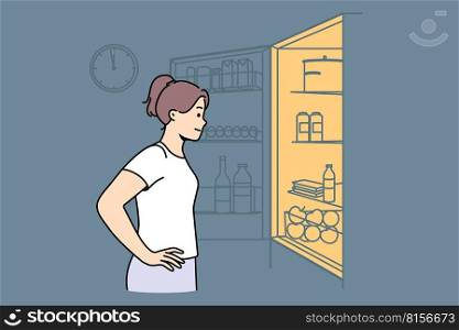 Bored young woman look in fridge at night. Millennial female feel hungry search for food or midnight snack in refrigerator. Vector illustration. . Young woman look for midnight snack in fridge 
