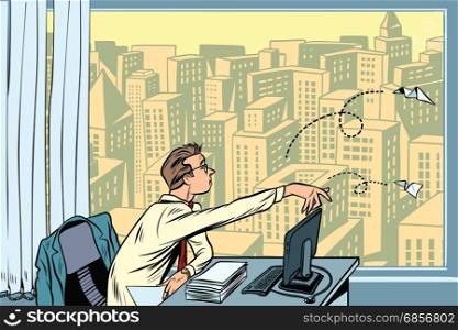 Boredom at work. Businessman throwing paper airplanes. The dreamer in the office. Cartoon comic illustration pop art retro style vector. Boredom at work. Businessman throwing paper airplanes