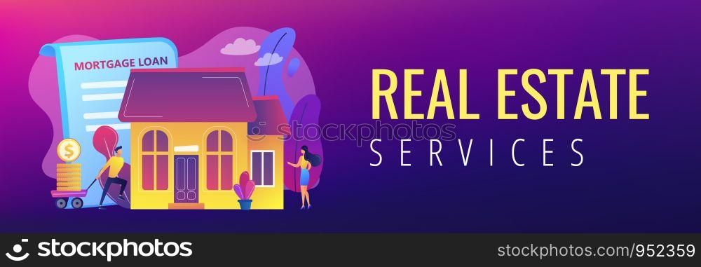 Borrower making mortgage payment for real estate and mortgage loan agreement. Mortgage loan, home bank credit, real estate services concept. Header or footer banner template with copy space.. Mortgage loan concept banner header.