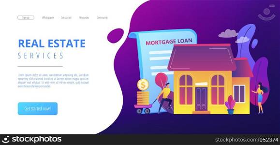 Borrower making mortgage payment for real estate and mortgage loan agreement. Mortgage loan, home bank credit, real estate services concept. Website vibrant violet landing web page template.. Mortgage loan concept landing page.