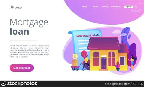 Borrower making mortgage payment for real estate and mortgage loan agreement. Mortgage loan, home bank credit, real estate services concept. Website vibrant violet landing web page template.. Mortgage loan concept landing page.