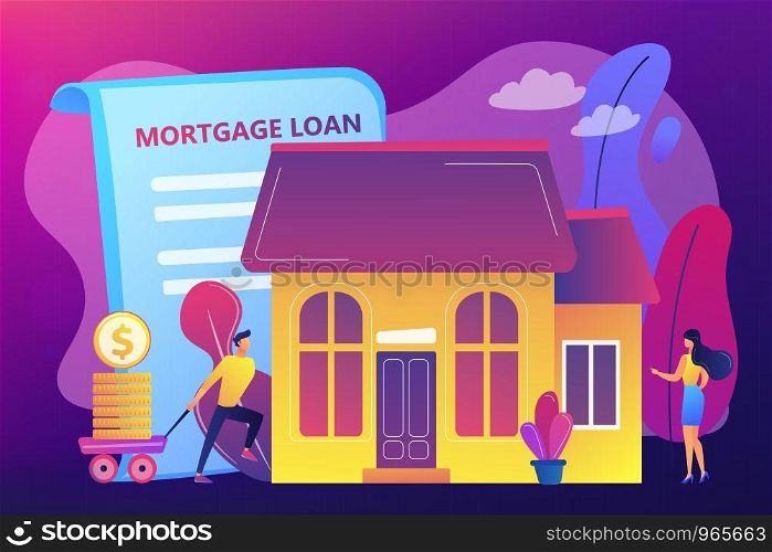 Borrower making mortgage payment for real estate and mortgage loan agreement. Mortgage loan, home bank credit, real estate services concept. Bright vibrant violet vector isolated illustration. Mortgage loan concept vector illustration.
