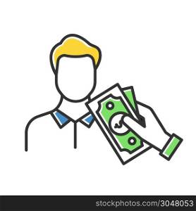 Borrowing cash color icon. Lending money. Pay for credit, loan. Man taking dollar banknotes. Managing finances and personal budget account. Economy industry. Isolated vector illustration