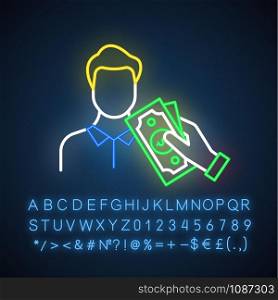 Borrowing cash neon light icon. Lending money. Pay for credit, loan. Man taking dollar banknotes. Economy industry. Glowing sign with alphabet, numbers and symbols. Vector isolated illustration