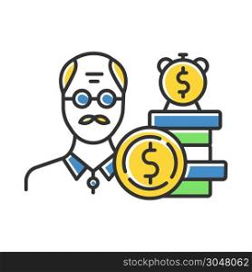 Borrowing from retirement color icon. Make investment in pension budget. Loan money, open credit account. Old aged man borrowing money from bank with percentage rate. Isolated vector illustration