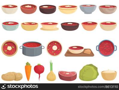 Borsch icons set cartoon vector. Beet food. Cook carrot. Borsch icons set cartoon vector. Beet food