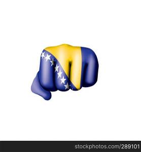 Bosnia and Herzegovina flag and hand on white background. Vector illustration.. Bosnia and Herzegovina flag and hand on white background. Vector illustration