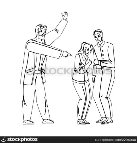 Boss Aggression And Negative In Office Black Line Pencil Drawing Vector. Man Aggressive Screaming At Employees Boy And Girl At Work, Boss Aggression And Conflict With Team. Characters Illustration. Boss Aggression And Negative In Office Vector