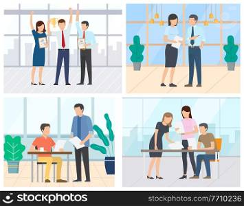 Boss and assistant vector, office workers employee and employer giving tasks. Celebration of success, successful teamwork, man and woman colleague. Successful Team and Working Task Office Workers