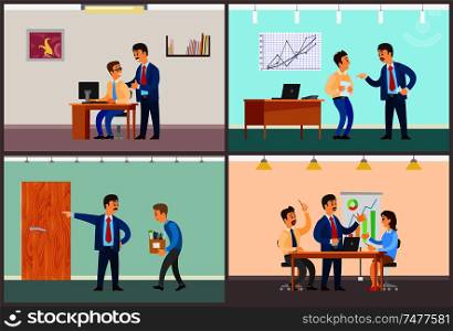 Boss and employee interaction, office work routine. Good or bad job, clerk dismissal and business meeting at conference room vector illustrations.. Boss and Employee Interaction, Office Work Routine